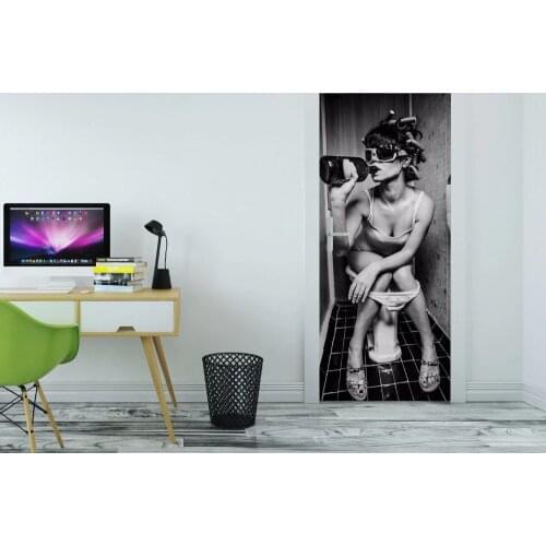 3D Girl Drinking in WC Wall Art Door Mural Wallpaper mural Wall Print Decal Wall Deco Wall Mural Photo self adhesive door wrap