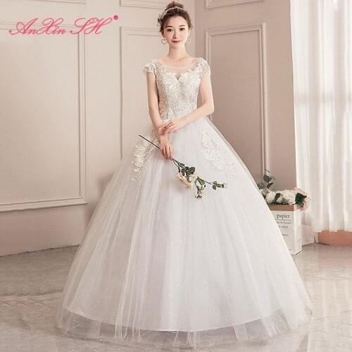 AXJFU princess champagne flower lace white wedding dress party vintage illusion o neck short sleeve bride glaring wedding dress