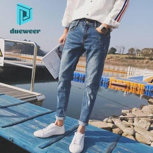 DUEWEER Mens Pencil Jeans Spring Student Slim Trousers Scratch Ripped Skinny Jeans Distressed Casual Men Stretch Denim Pants