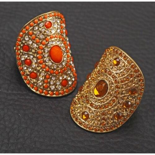 Ethnic vintage Gold diamante rhinestone Adjustable elastic finger Wholesale Rings Women Party alloy jewelry