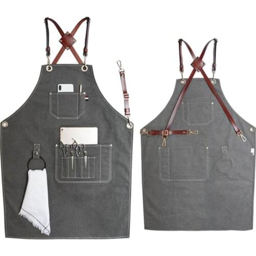 Gray Canvas Apron Cow Leather Strap Florist Hairdresser Barber Work Wear Barista Bartender Pastry Waitstaff Culinary Uniform K61