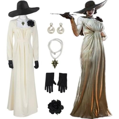 Game Village Lady Alcina Dimitrescu Cosplay Costume Set Dress Hat Necklace Gloves Ear studs Suit Prop
