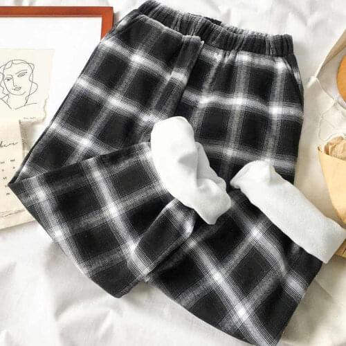 Fashion Black White Plaid Cashmere Pants Straight Pants Winter Warm Fleece Casual Pants Female Harem Ankle-length Jogger Pants
