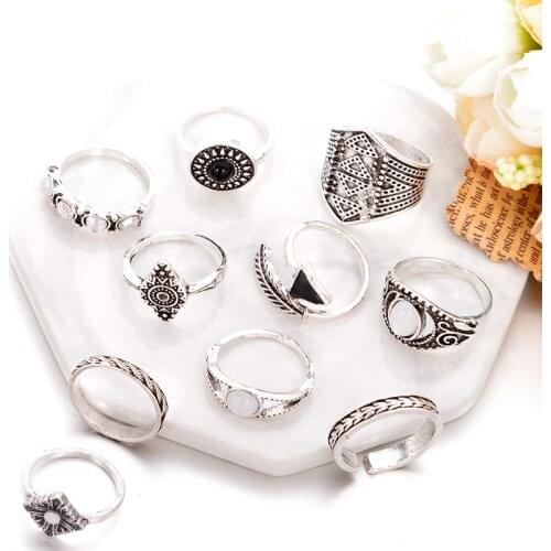 10PCS/Lot Opal Leaf Stone Midi Ring Sets New 2020 Fashion Vintage Crystal Crystal Knuckle Rings for Women Anillos Mujer Jewelry