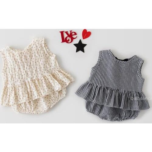 2PCS New Baby Summer Clothing Set Baby Girls Sleeveless Plaid Floral Print Ruffle Short Sleeve+Triangle Romper Outfits Toddler