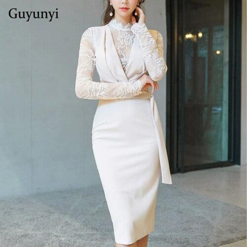 Lace Patchwork Long Sleeve Stand Neck Perspective Back Pencil Dress 2021 Spring Plain Color Athens Office Lady Dresses