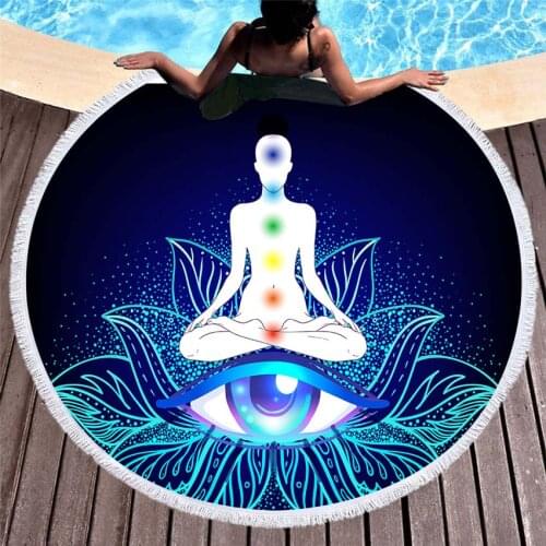 Buddha Statue Summer Round Beach Towel For Adults Kids Yoga Mat Sports Bath Towel Seaside Wall Tapestry With Tassels Home Print