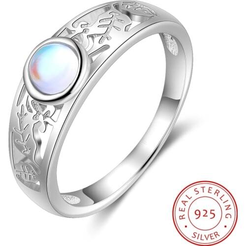 Moonstone Jewelry 925 Sterling Silver Leaf Rings for Women Wedding Band Ring Hollow Pattern Ring Unique Bride Engagement Gifts