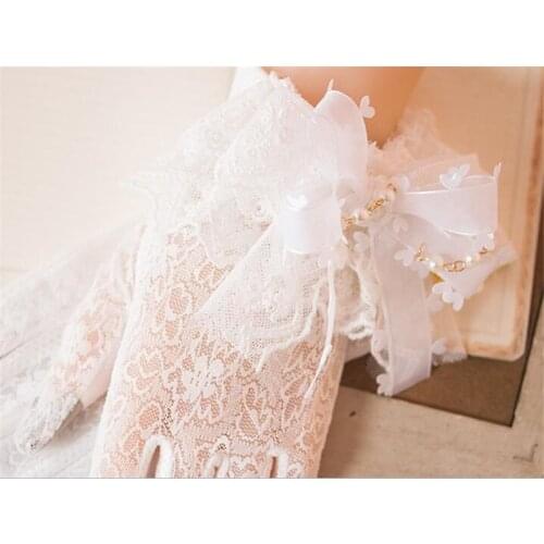 Sweet Lolita Accessories White Lace Gloves Handmade Pearl Bow Pearl Lace Summer Sun Protection Gloves B1278