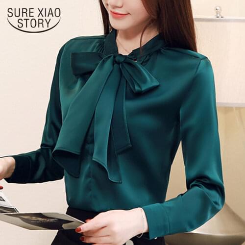 Fashion womens tops and blouse bow collar office blouse women solid chiffon blouse shirt long sleeve women shirts blusas 2042 50