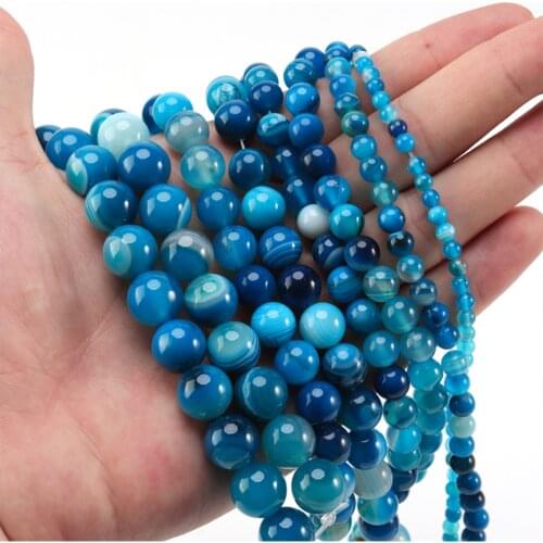 Wholesale Natural Stone Peacock Blue Zircon Stripe Crystal Agate Round Loose Beads 4 6 8 10 12mm Pick Size For Jewelry Making