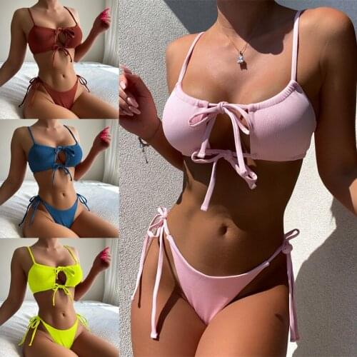 Sexy Lace Up Two Piece Biknis Hollow Out Swimsuits for Women Straps Bra Tie Knot and Thong Beach Style Bathing Suit Brazilian