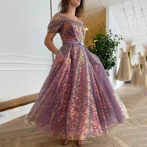 Saudi Arabia Tea Length Prom Dresse Kaftans One Shoulder Red Carpet Dress Pockets Sequined Evening Wear 2021 Dubai Custom made