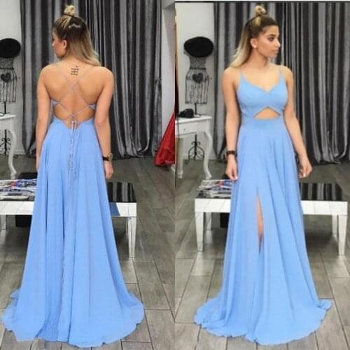 Sexy Simple Ocean Blue Spaghetti Backless Side Split Chiffon Prom Evening Gowns Cheap A-line Bridesmaid Dress Custom Made