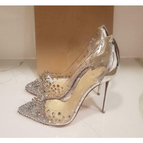 Sexy Crystal Embellished High Heel Pumps Silver Rivets PVC Dress Shoes Pointed Toe Stiletto Heels Patchwork Wedding Shoes