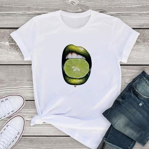 Women tshirt 2021 Sexy lips biting lime print t-shirt vogue new summer white t shirt lover friends gift tops Tee Female clothing