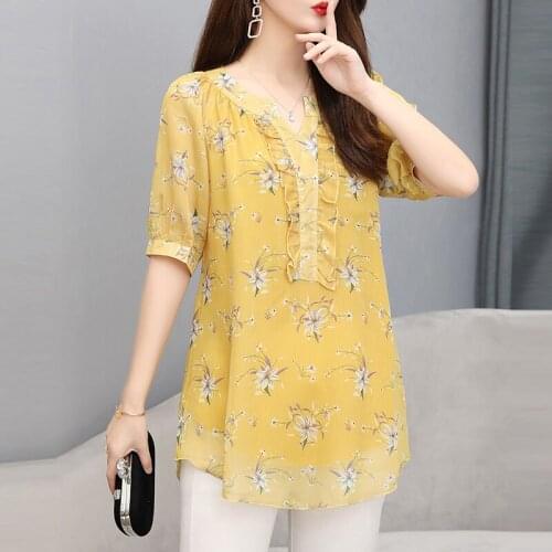 2019 Summer Women Female Yellow Blue Print Flower Lantern Short Sleeve Chiffon Blouse Shirt , Woman Top , Womens 5xl Shirts