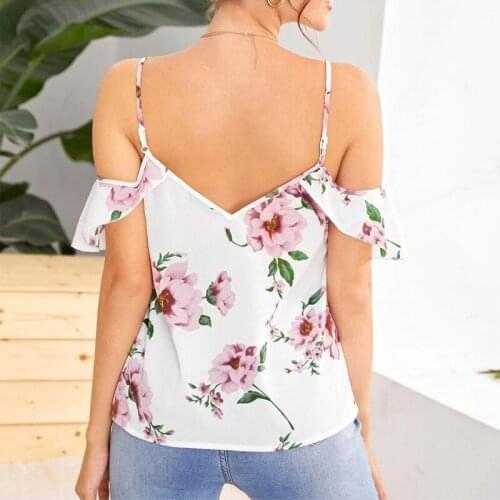 Women Sexy Cold Shoulder T-Shirt Ruffles Short Sleeve V-Neck Chiffon Tops Boho Floral Print Spaghetti Strap Sling Blouse