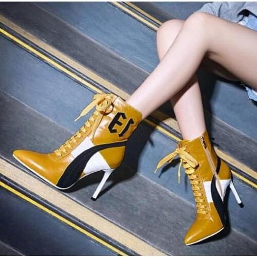 New catwalk sports style color matching yellow pointed toe high heel boots woman sport high heel lace up stiletto boots size 41