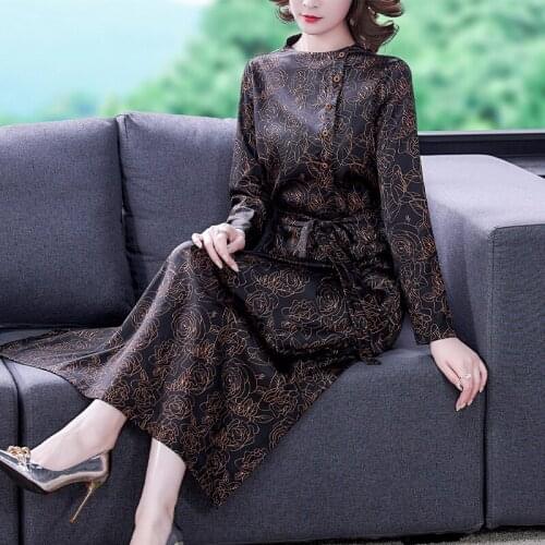Spring Autumn Print Mulberry Silk Satin Long Sleeve Dress Vintage Casual Beach Midi Dresses Women Elegant Bodycon Party Vestidos