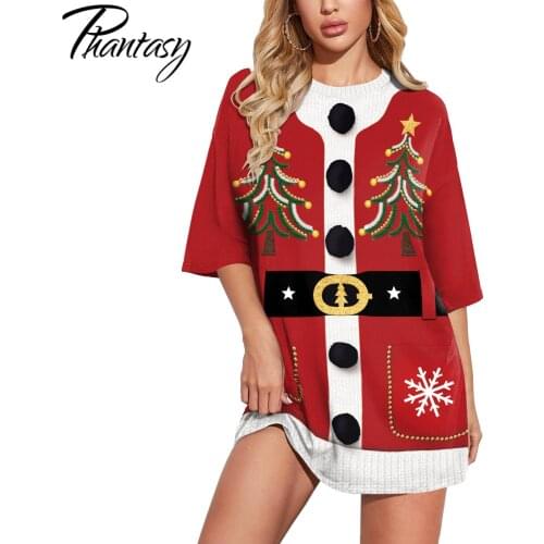 Phantasy Fake Two Piece T-Shirt Dress for Women Christmas Kitten Tops Summer Long Loose TShirts Party Pullover Casual Streetwear