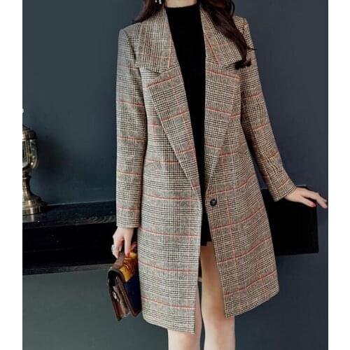 2020 Spring Autumn Womens Wool Plaid Coat New Fashion Long Woolen Coat Slim Type Female Winter Wool Jackets Female Outw