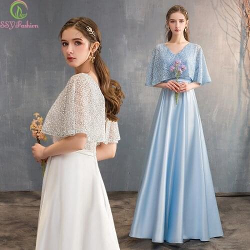 SSYFashion New Long Evening Dress Robe De Soiree White Blue Simple Elegant Floor-length Satin Beading Party Formal Gowns Custom