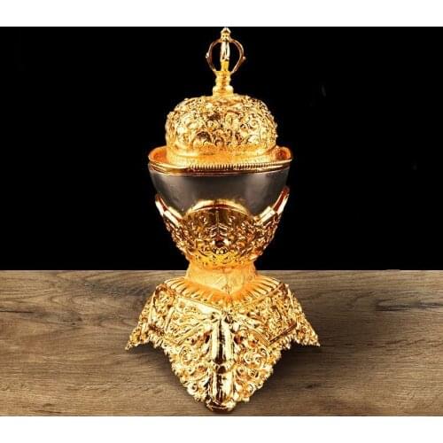 Gold Buddhist Furnishing Toba Tantric Alloy Handicraft Auspicious Tibetan Tribute Buddhism Bowl Home Gift Collection Decorative