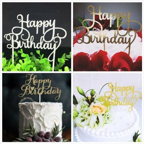 1Pcs Shining Happy Birthday Cake Topper For A Cake Gold Gillter Cake Flag For Family Birthday Party Baking