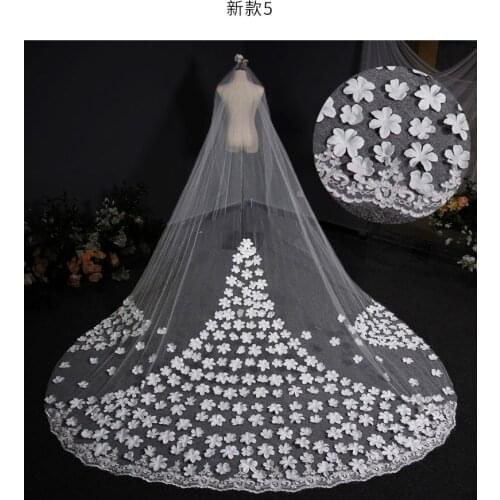 3M Long One -Layer Lace &3D Flower Veil Wholesale Bead Bridal Veil Wedding Dress Veil