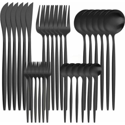 30 Pcs Matte Black Flatware Tableware Kitchen Forks Spoons Knives Dinner Set Stainless Steel Golden Cutlery Set Tableware 6sets