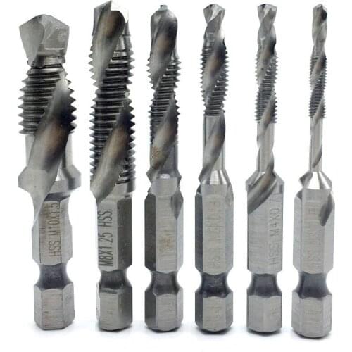 6pcs/set M3/M4/M5/M6/M8/M10 Hexagon Head Screw Tap HSS Machine Tapping Tools Drilling Bits Multifunctional Machine Accessories