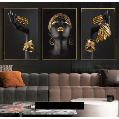 African Woman Holding Gold Jewelry Canvas Posters and Prints Black Woman Art Paintings on the Wall Art Pictues For Living Room
