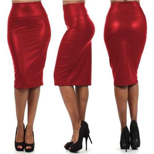 Black Red Wetlook Vinyl Leather Women Skirt Pencil Club Nightclub High Waist Bodycon Skirt Summer Sexy Simple Style Latex Skirt