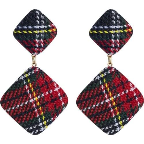 Elegant 4 Colors Houndstooth Plaid Fabric Round Square Geometric Earrings for Women Girls Cloth Jewelry Accessories Gift