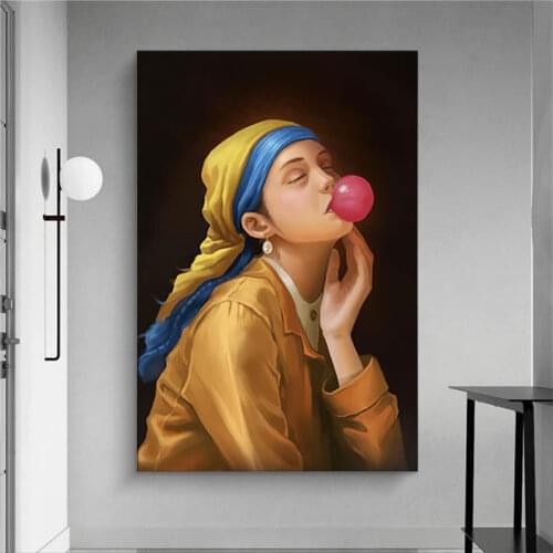 Funny Woman Canvas Oil Paintings Blowing Bubbles Girl Posters and Prints Retro Art Wall Pictures for Living Room Home Decoration