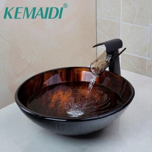 KEMAIDI Tempered Glass Basin Sink With Oil Rubbed Bronze Waterfall Faucet Taps Bathroom Water Drain Bathroom Sink Set