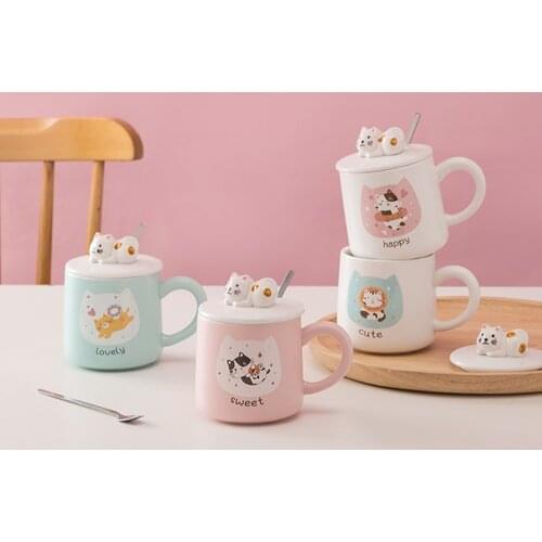 Cartoon cute cat ceramic mug with lid spoon milk coffee cup creative and practical gift water cups milk juice beverage mugs