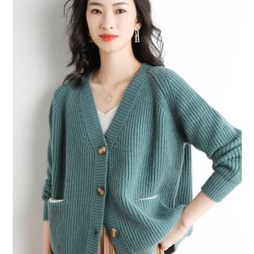 Autumn and Winter New Women Cashmere Wool Blended Sweater Thickened V-neck Cardigan Warm Loose Knit Bottoming Jacket Ladies