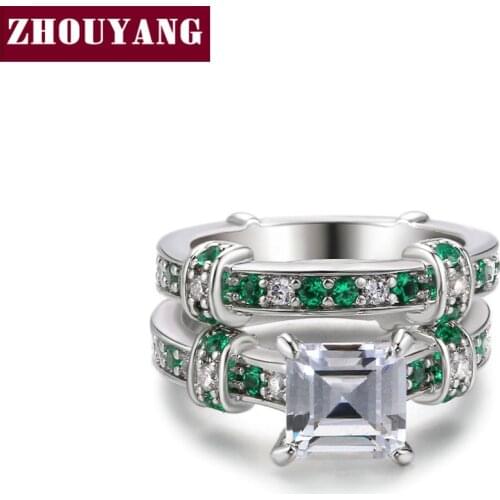 Square-cut Cubic Zirconia Green Crystal Silver Color Fashion Jewelry Ring Set For Women Girl Party Work Gift YG013