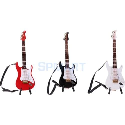 1/6 Scale Dollhouse Miniature Wooden 6-Ctrings Electric Guitar Musical Instrument Model w/ Stand for Dolls Accessory