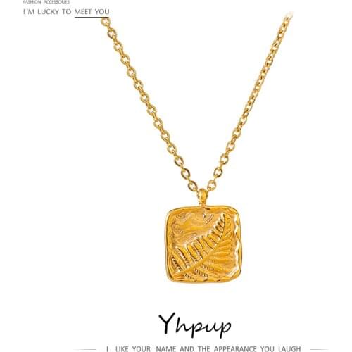 Yhpup Fashion Leaves Square Pendant Necklace 316L Stainless Steel 18 K Metal Texture Collar Necklace Waterproof Accessories
