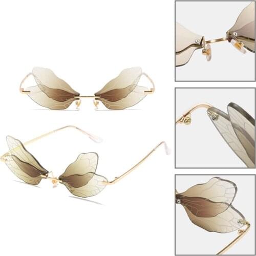 Fashion Rimless Dragonfly Wing Sunglasses Women Vintage Clear Ocean Lens Eyewear Men Pink Yellow Sun Glasses Shades UV400