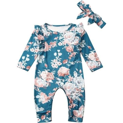 0-18M Newborn Baby Girls Spring Romper Long Sleeve Floral Printed Jumpsuit with Ruffle Bow Headband 2pcs Set