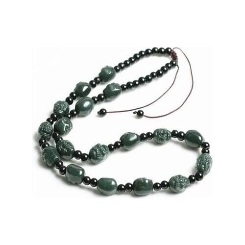 Nature Dark Green Stone Necklaces Carved 18 Arhats Stone Round Beads Necklace Gift for Men Stone Jewelry