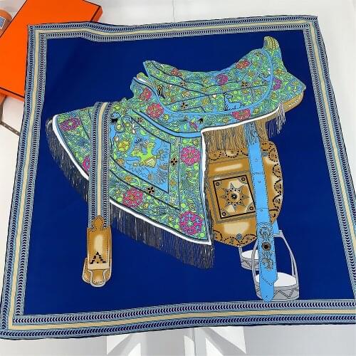 90cm Hand Rolled Clan Saddle Print Twill Silk Square Scarf Women Shawl Brand Hijab Scarf Foulard Head Scarves Design Bandana