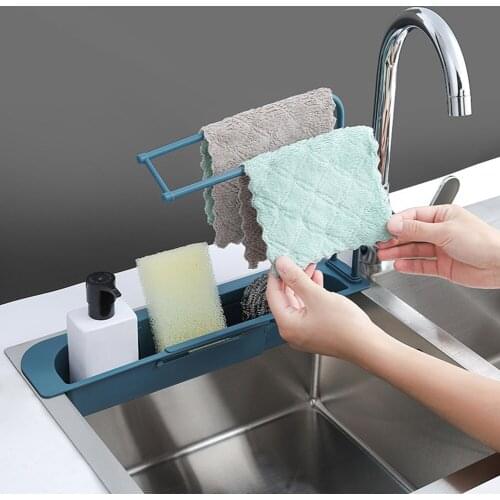 Adjustable Kitchen Sink Strainer Drain Basket Kitchen Faucet Rag Storage Rack Fruit Shelf Sponge Rack Storage Tools Filter Shel
