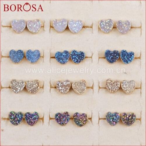 BOROSA Love Heart Natural Drusy Crystal Studs Earrings Titanium Rainbow Druzy Stud Jewelry in Gold Fashion Women Gifts G1328