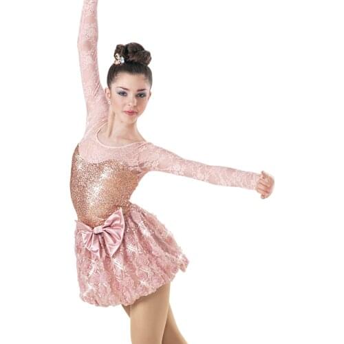 Adult Modern Dance Dress Girls Ballet Dancing Wear Female Performance Lace Dress Long Sleeves Sequins Flower Dresses D-0500