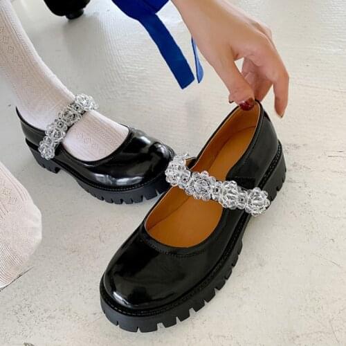 Ochanmeb Real Cow Leather Mary Jane Shoe Woman Platform Chunky Heel College Girl Student Dress Shoes String Bead Rhinestone Pump